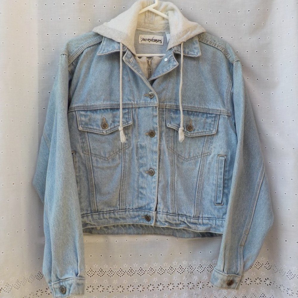 EUC Vintage "No Excuses" Denim Jacket with Attached zippered Inset and Hood SZ M